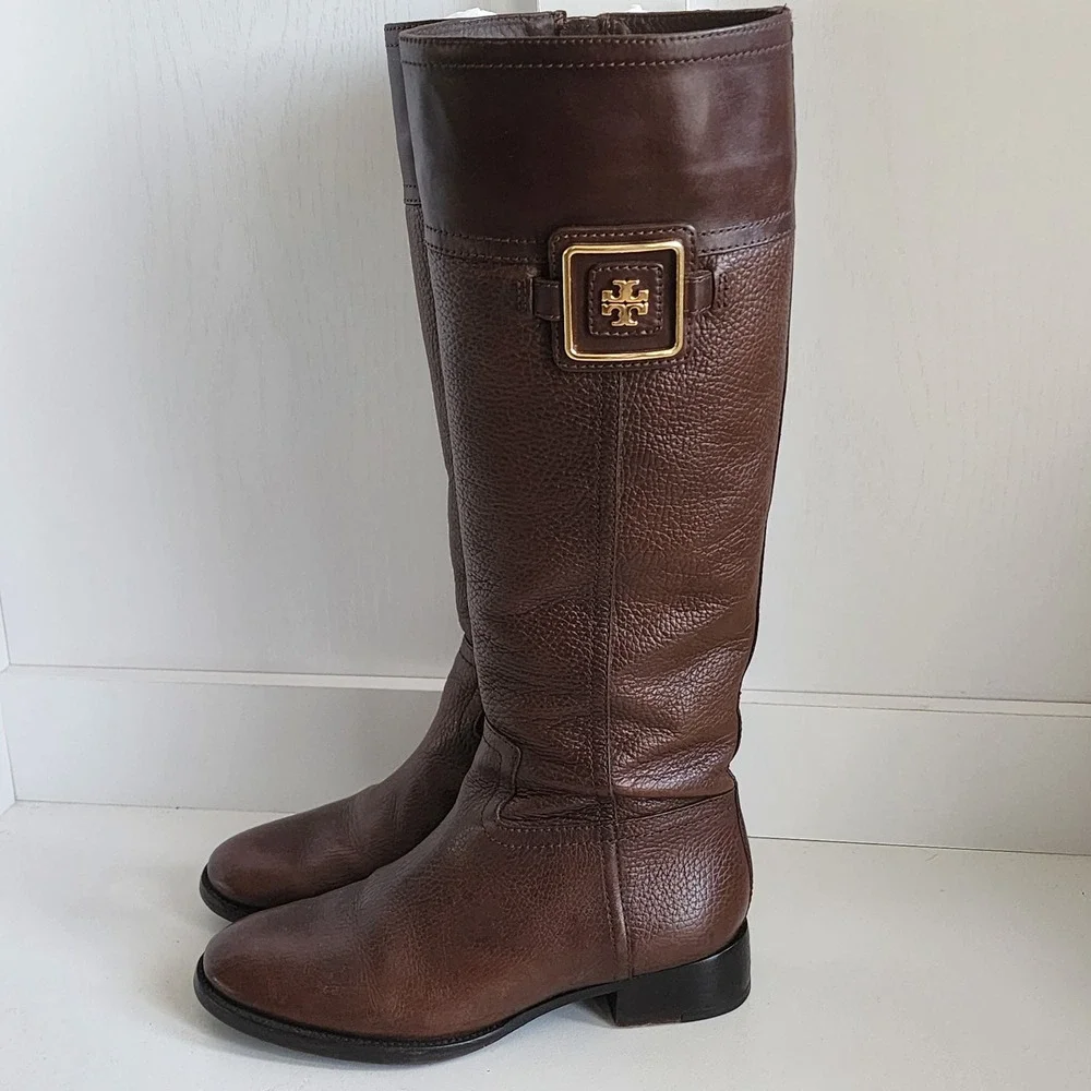 Tory Burch Julian Riding Boot Brown Leather Knee High Gold Logo Buckle Women 6.5